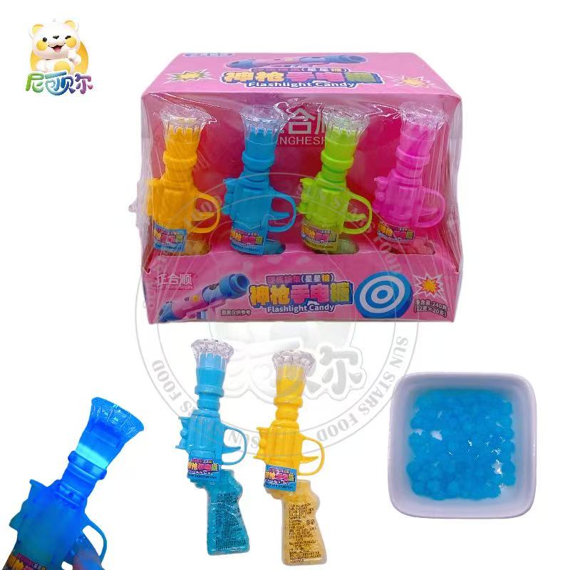 Gun-Shaped Flashlight Toy with Blue Fruit Flavored Candy Beans