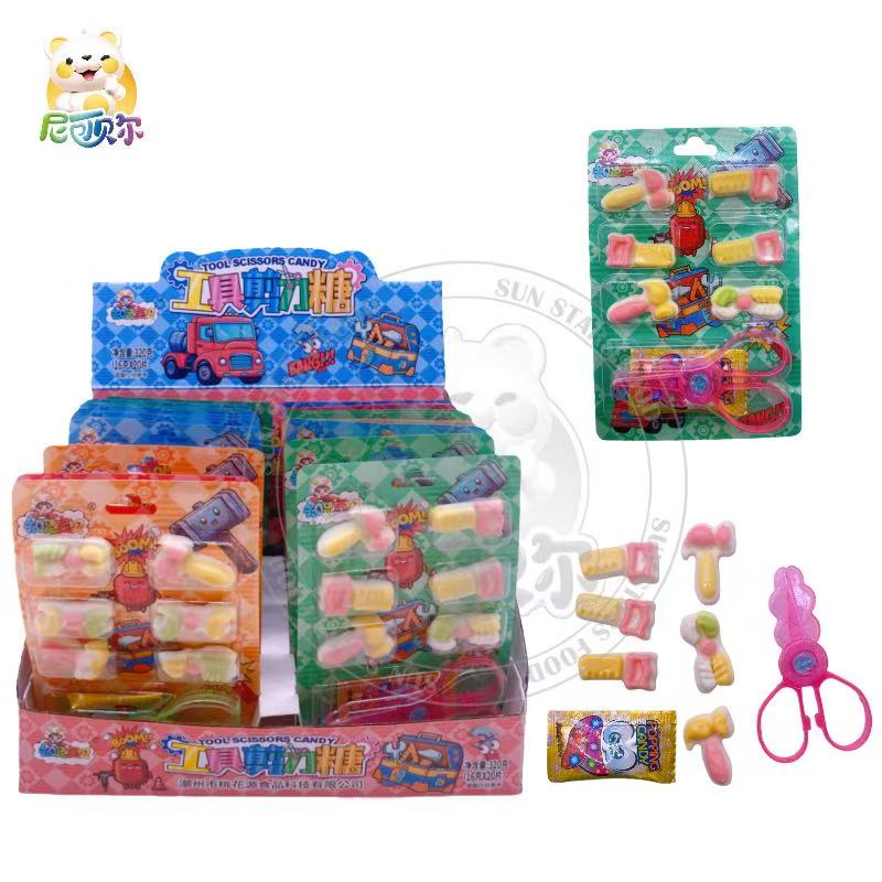 Tool & Scissors Shaped Gummy Candy with Popping candy Assorted Fruit Flavors with Mini Scissor Toy Packaging