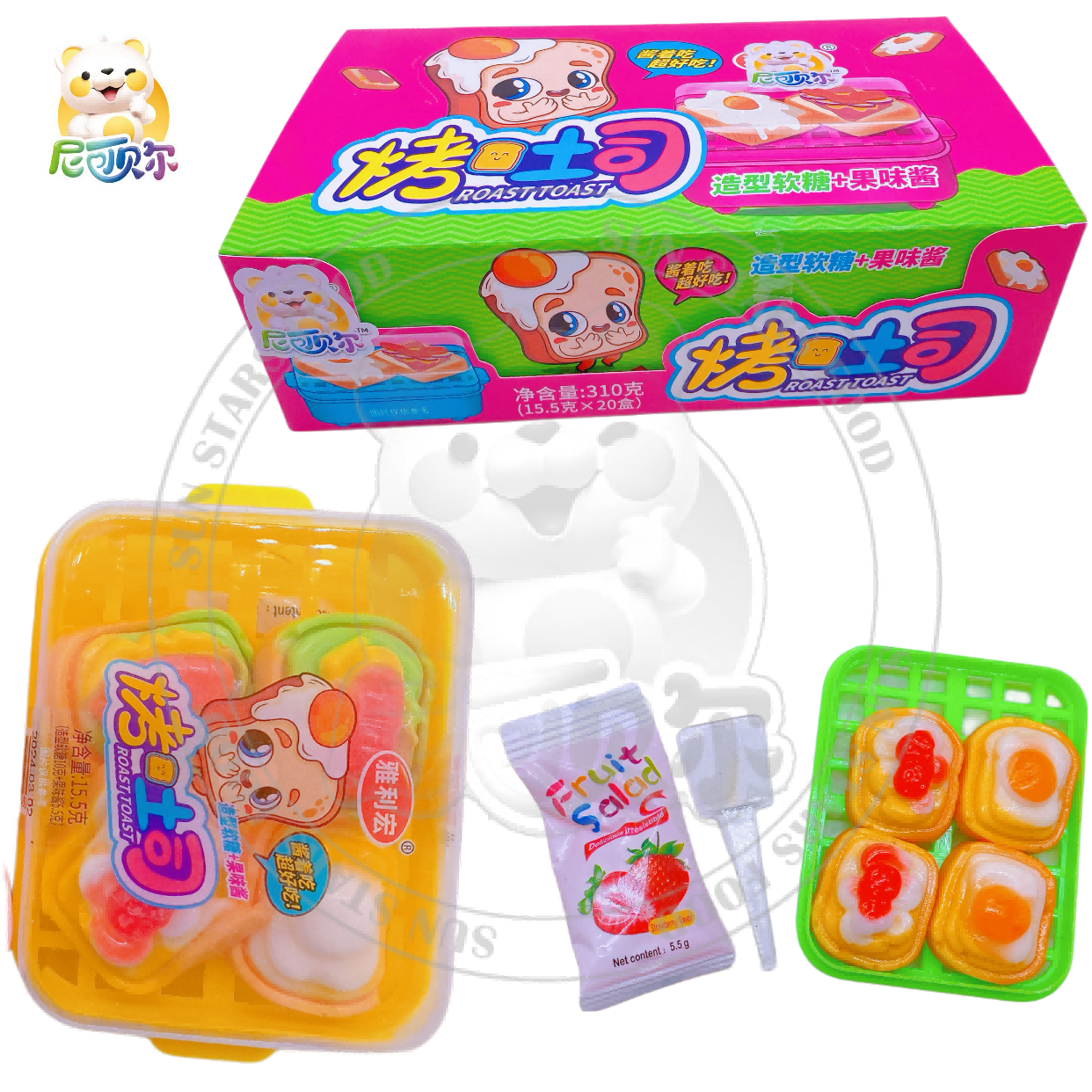 Funny Mini Toast Bread-Shaped Halal Gummy Candy Colourful Multi-Fruity Sweet Flavour with Jam Soft and Packaged in a Bag-G397