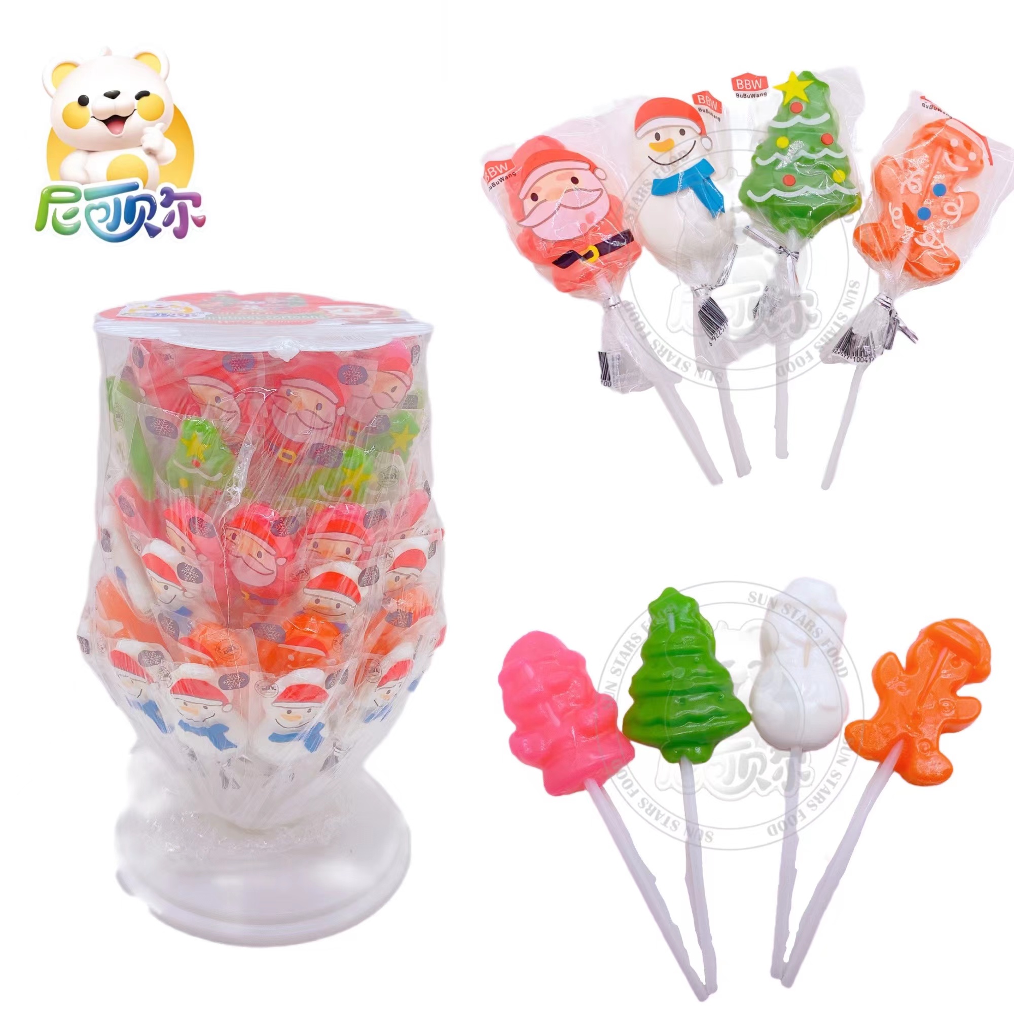 Wholesale Custom Santa Claus Christmas Tree Snowman Yeti Shape Fruity Lollipops-L290