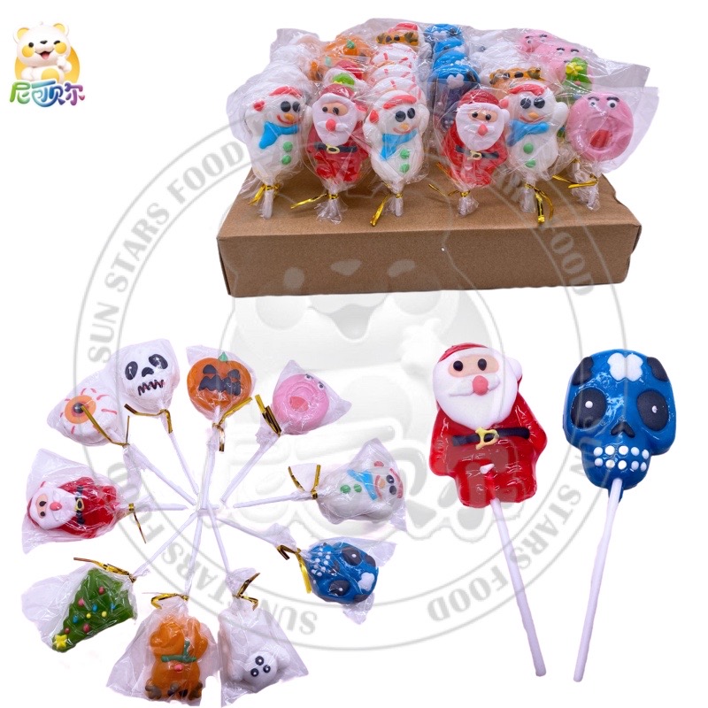 Halloween Christmas Halal Cartoon Santa Claus Christmas Tree Eyes Pumpkin Snowman Ghost Shape Mixed Fruit Cute lollipop Candy-L303