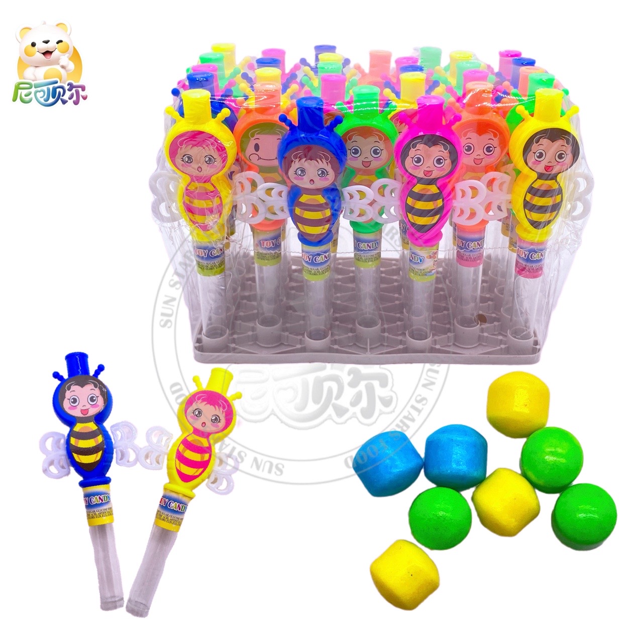 High Quality Bee Shaped Whistle Toy Candy Colored Sweet Halal Fruit Flavored Squeeze Candy-T470