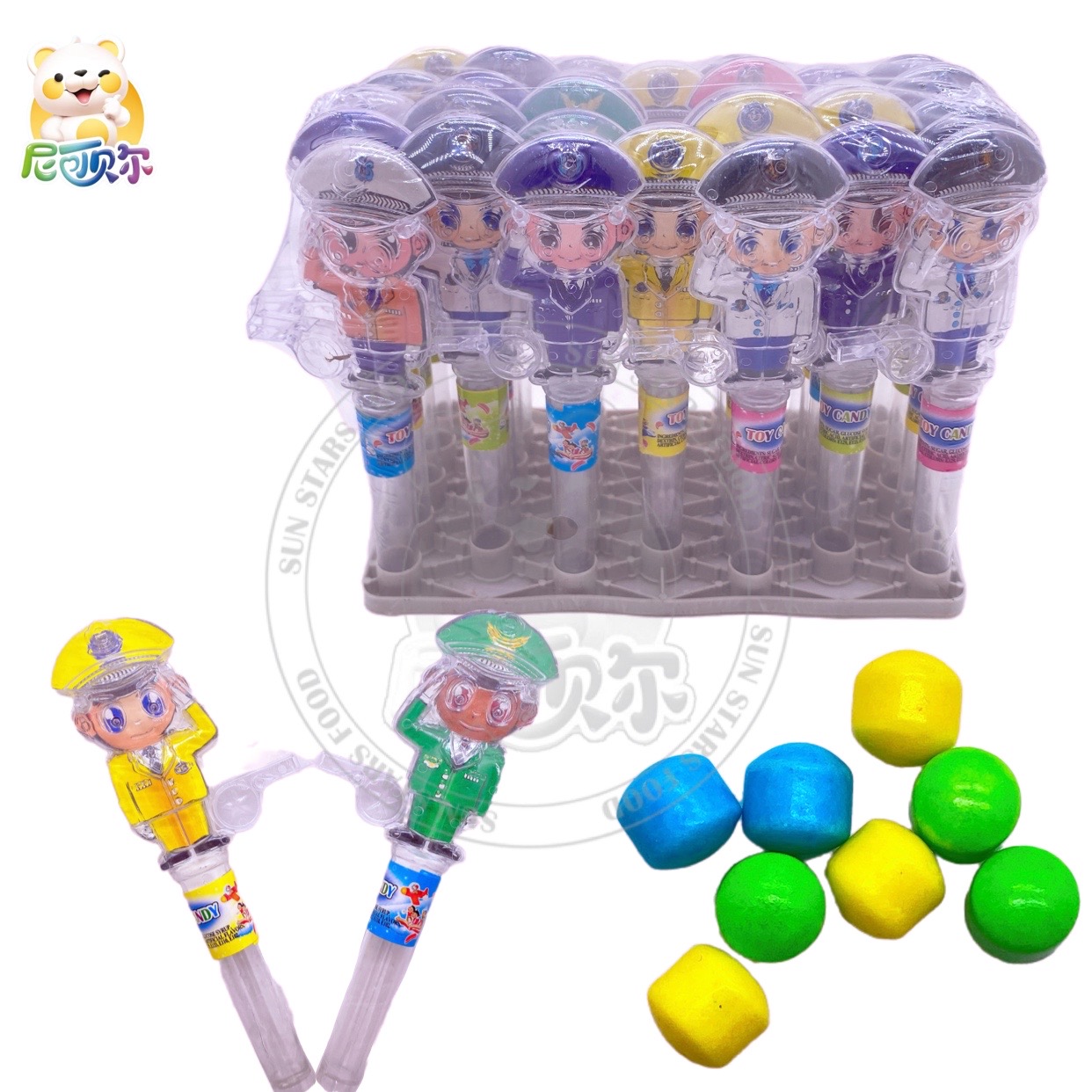 High Quality Police Shaped Whistle Toy Candy Colored Sweet Halal Fruit Flavored Squeeze Candy-T475