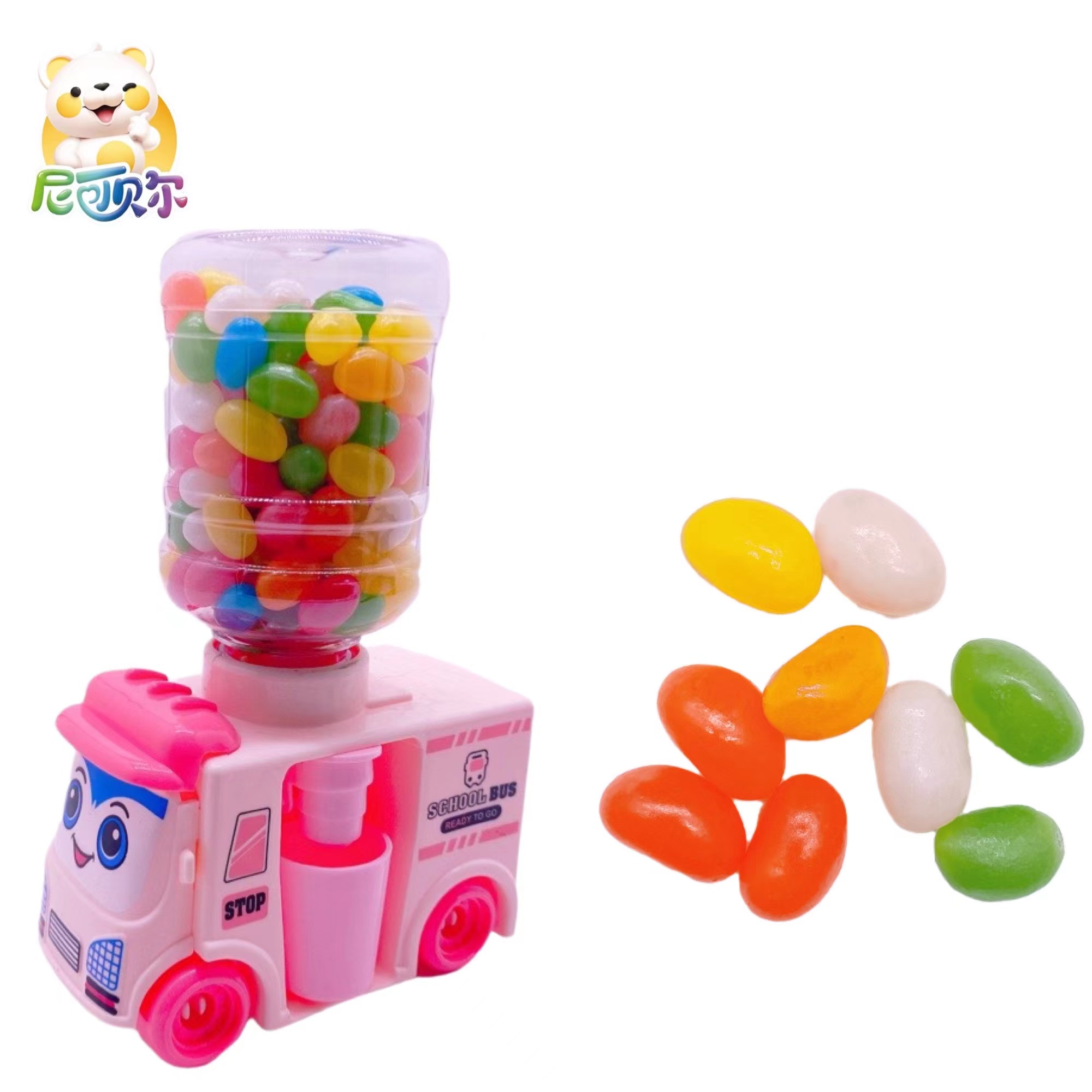 Customized wholesale halal candy cartoon automobile drinking fountain shape canned fruit flavored jelly bean toy jelly candy-G210