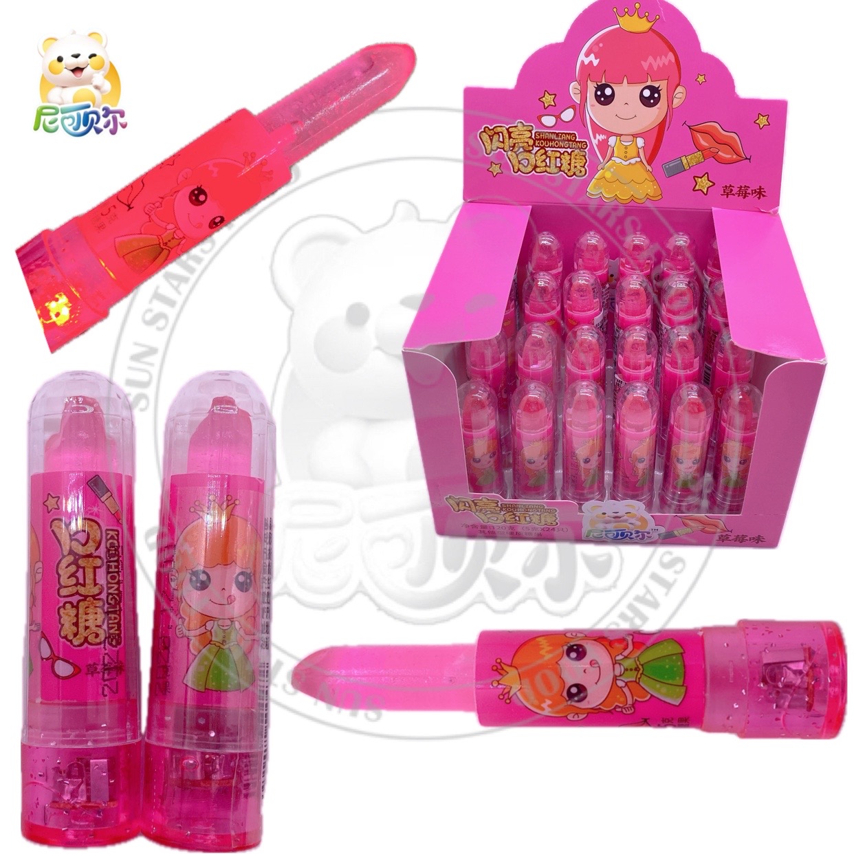 Promotional Pretty Girls Lipstick Shape Hard Candy Halal Glow Lollipop Soft Cartoon Style Toy-T557