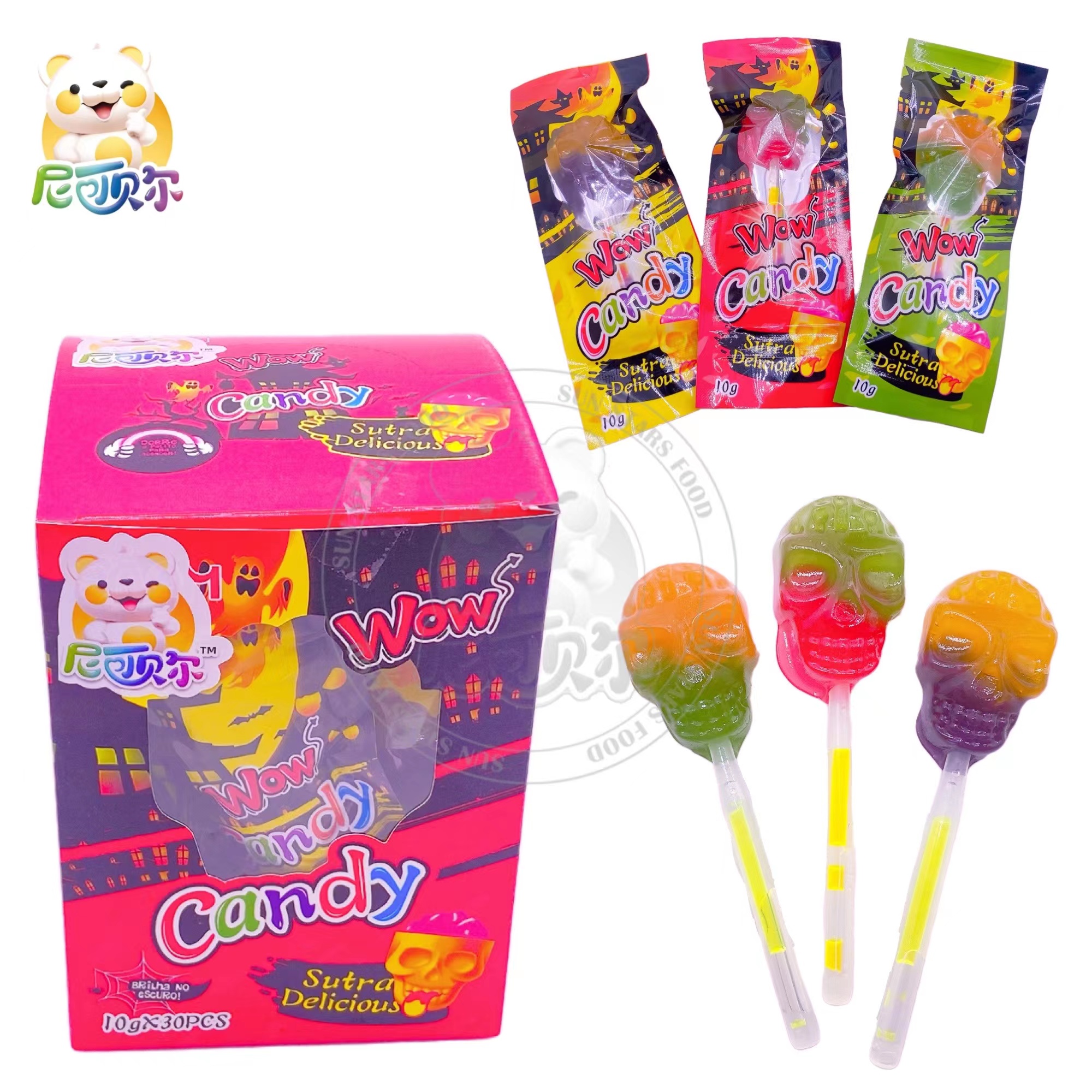 Halloween Skeleton Skull Shape Fluorescent Toy Fruity Lollipop-L278