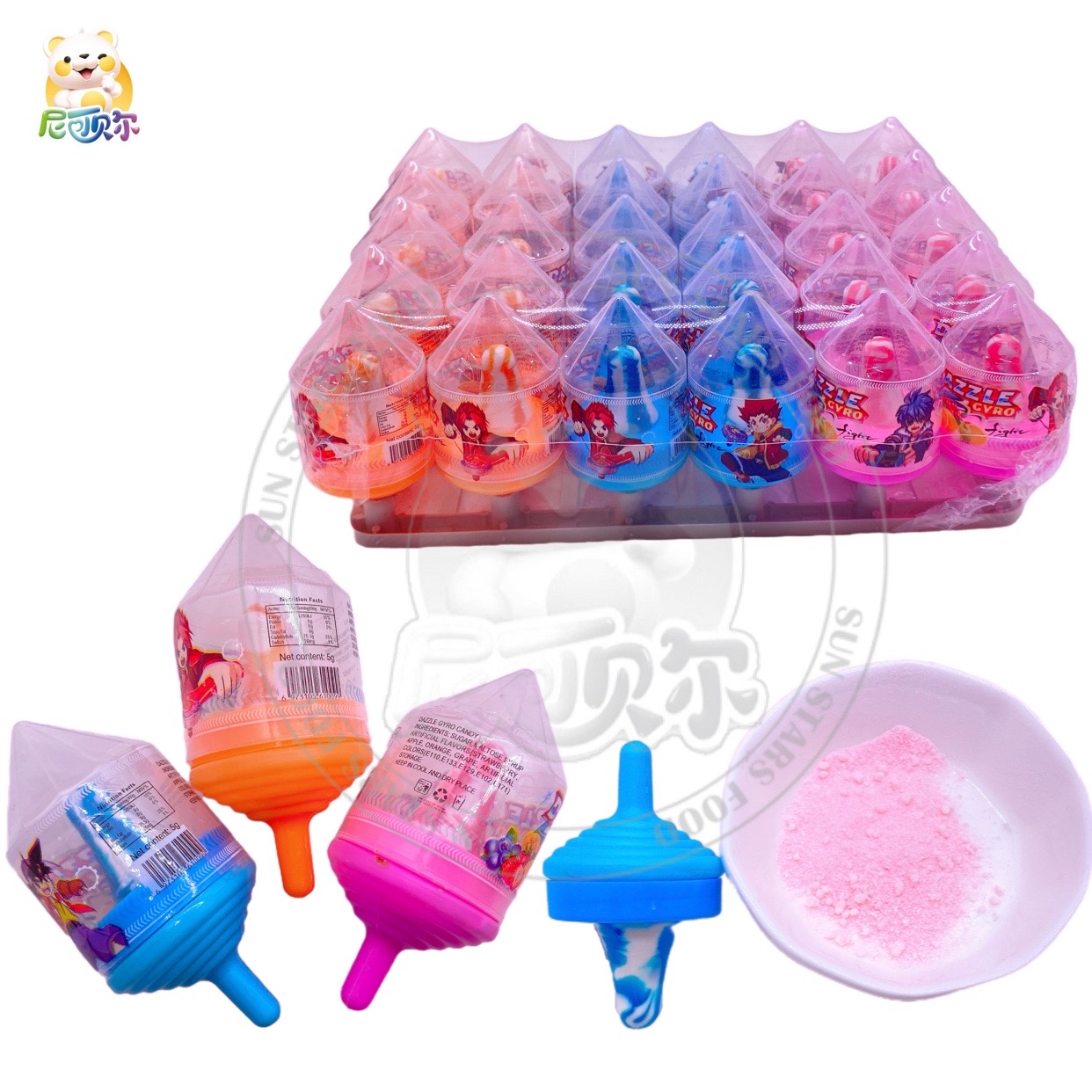 Rotational Gyro Toy Fruit Flavors Hard Lollipop Candy With Sour Powder-H385