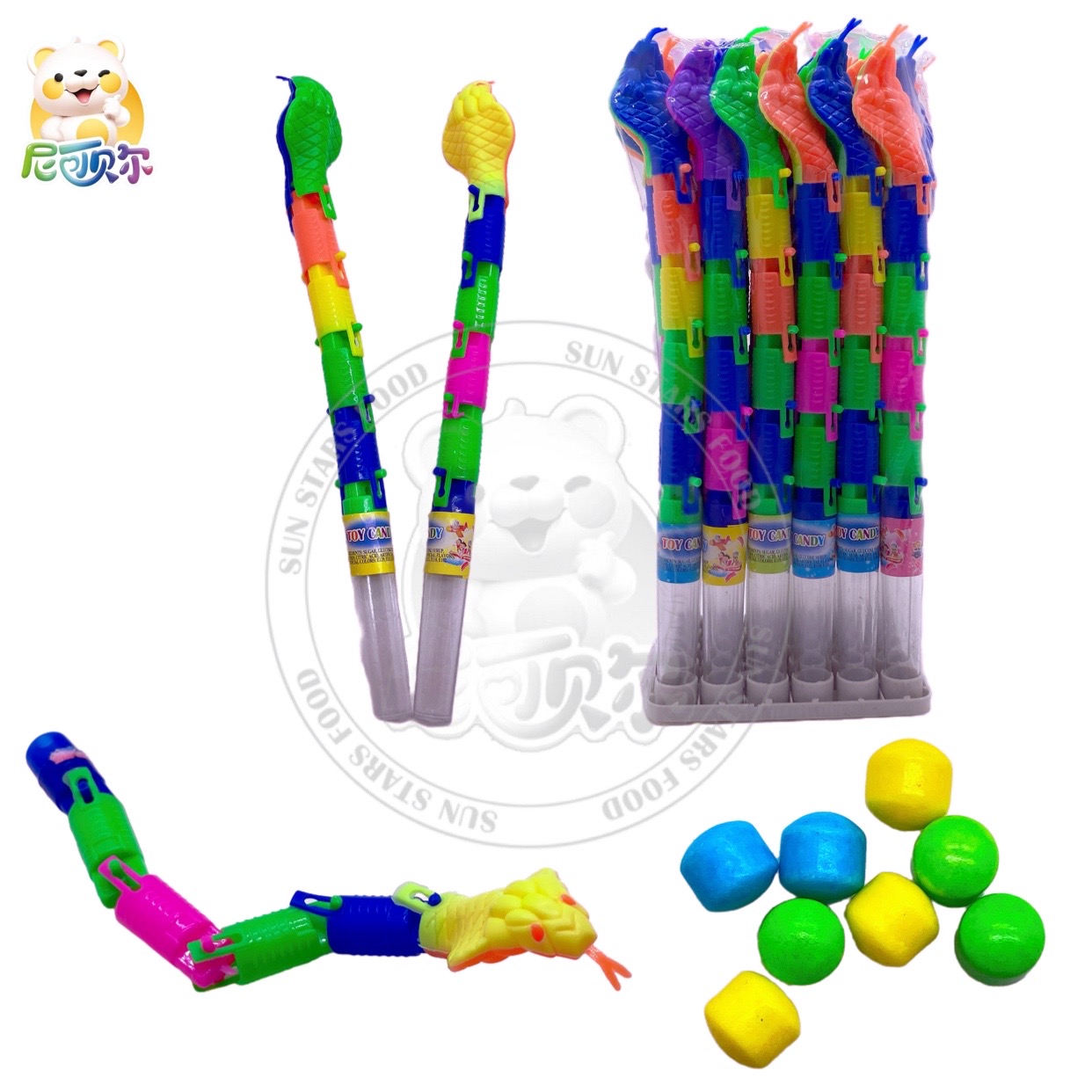 High Quality Snake Shaped Toy Candy Tray Colored Sweet Halal Fruit Flavored Squeeze Candy-T483