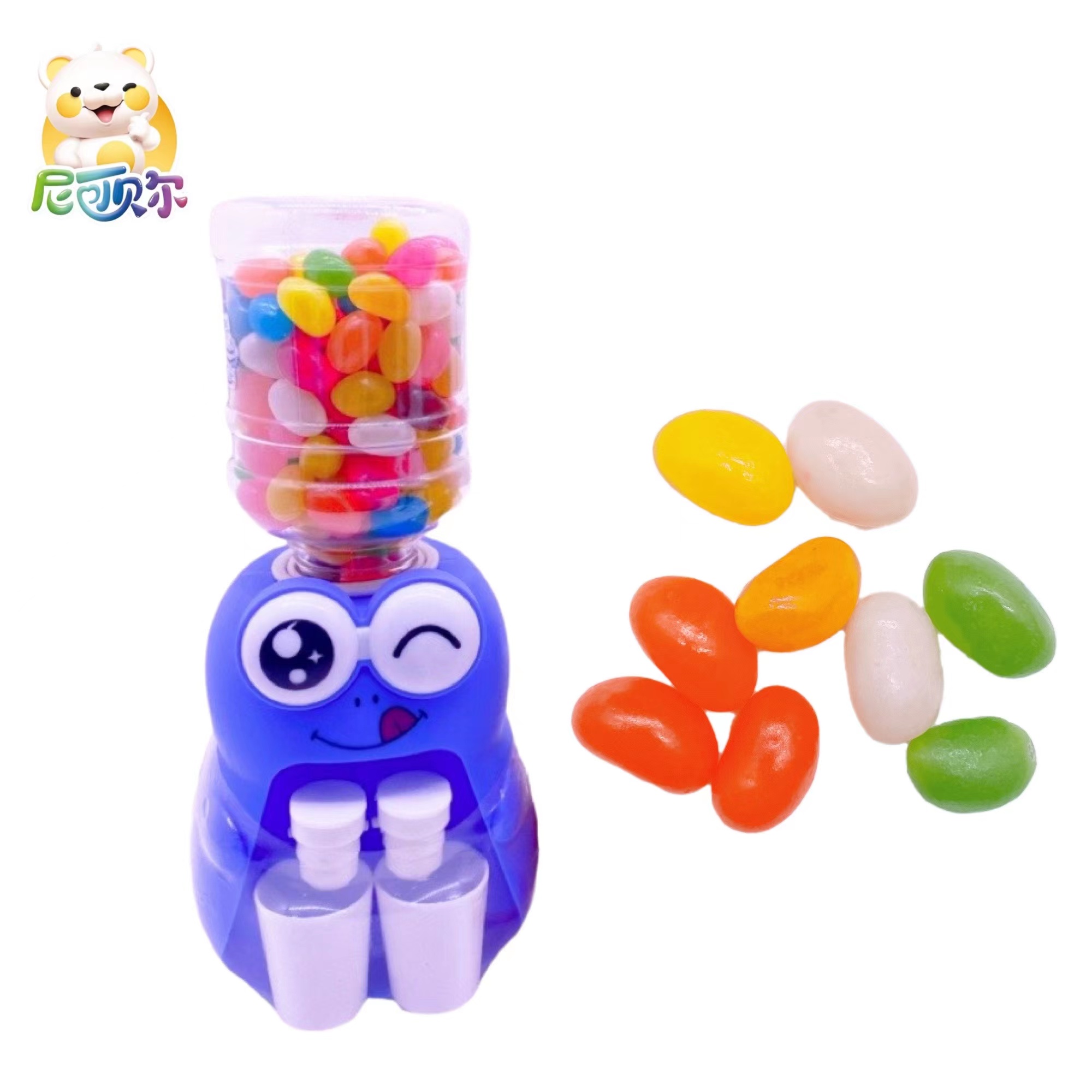 Custom Wholesale Halal Candy Jar Packaging Cute Expression Mini Electric Water Dispenser Fruit Flavor Geely Bean Toy Jelly Candy-G203