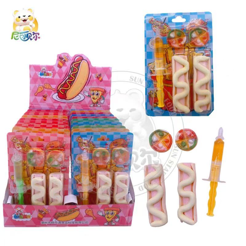 Hot Dog & Pizza Shaped Gummy Candies - Fruit Flavored Chews with Syringe Toy in Fast Food Packaging