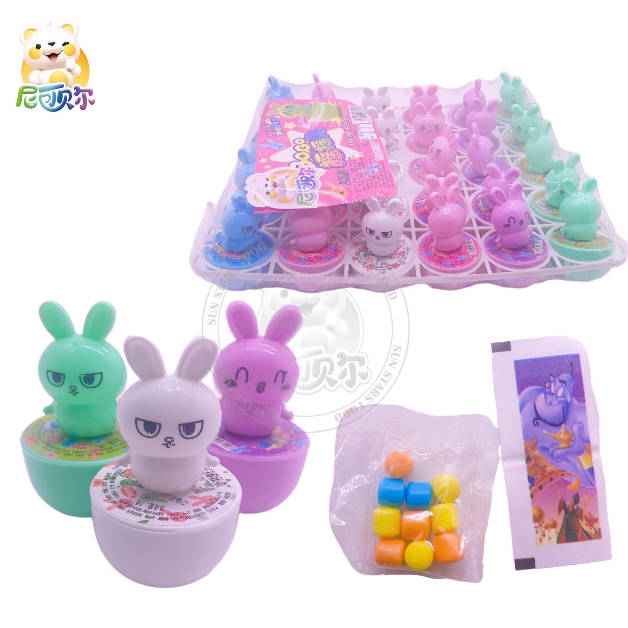 Cartoon bunny shape tumbler surprise toy candy with pressed candy and tattoo sticker-T435