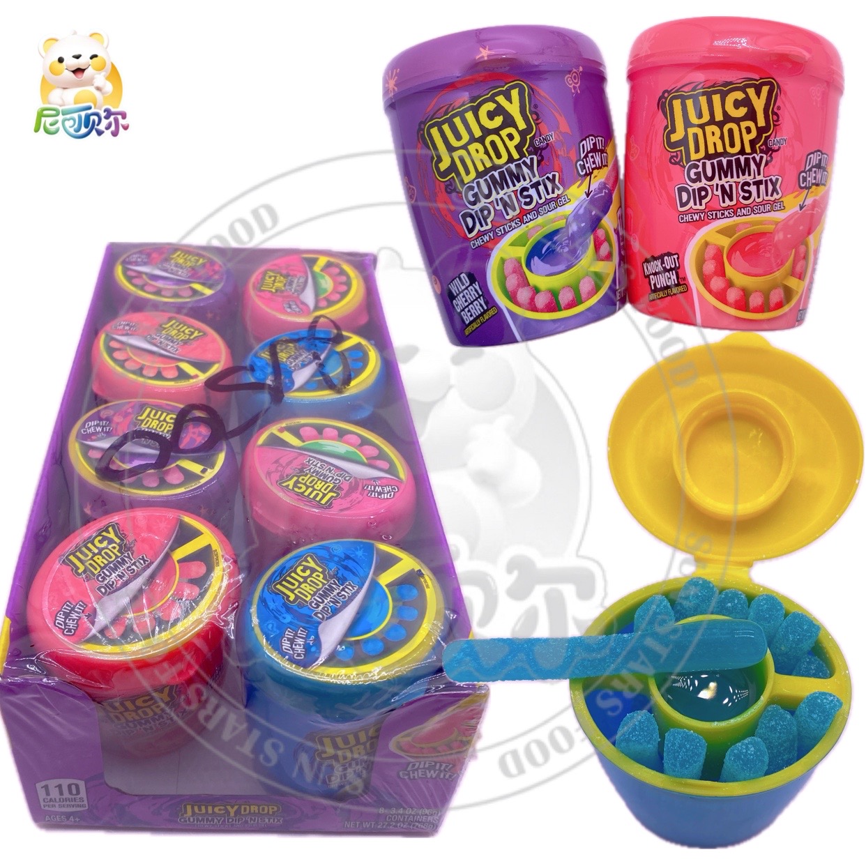 Juicy Drop Gummy Dip 'n Stix 8-Pack Fruity Sweet Gummy Sticks with Sour Dipping Gel American Candy Brands Packaged in Bag-G373