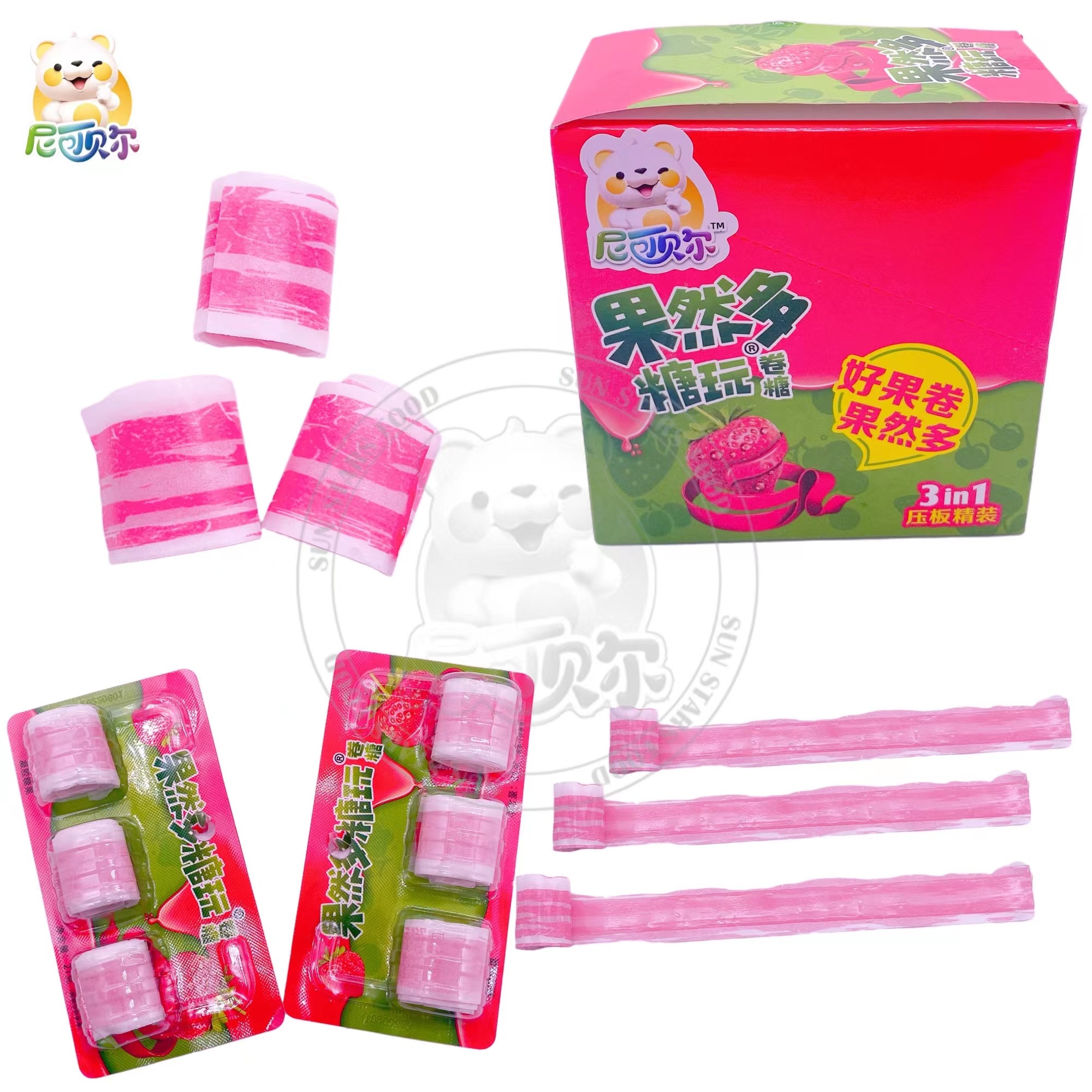 China Wholesale Pink Strawberry Fruity Long Fudge Fudge Chewy Fudge Fudge Candy Tape Roll Shape Fun Snacks-G180