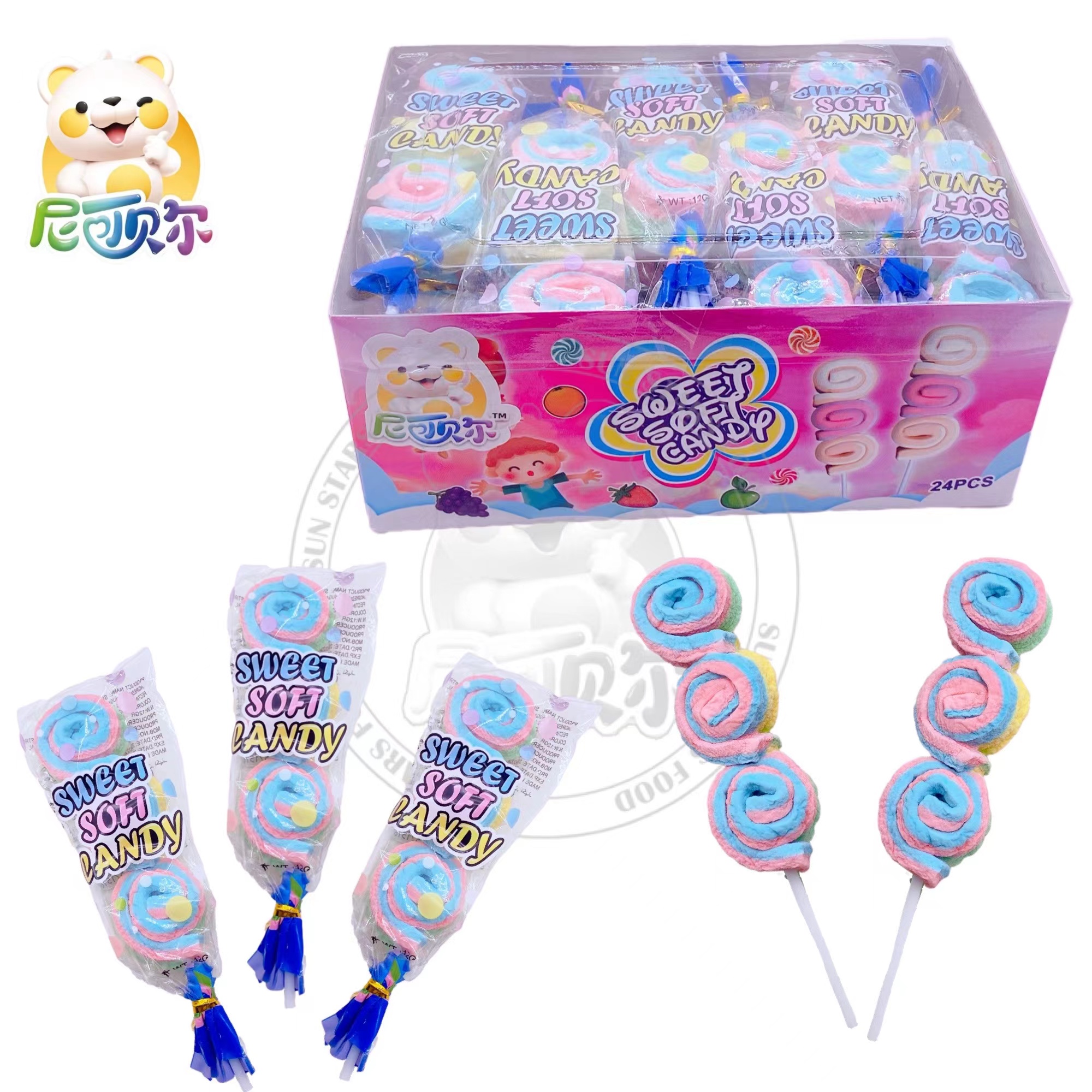 3pcs Soft Lollipop Cotton Candy String Colorful Sweet Fruit Flavor Egg Roll Marshmallow Candy-M081