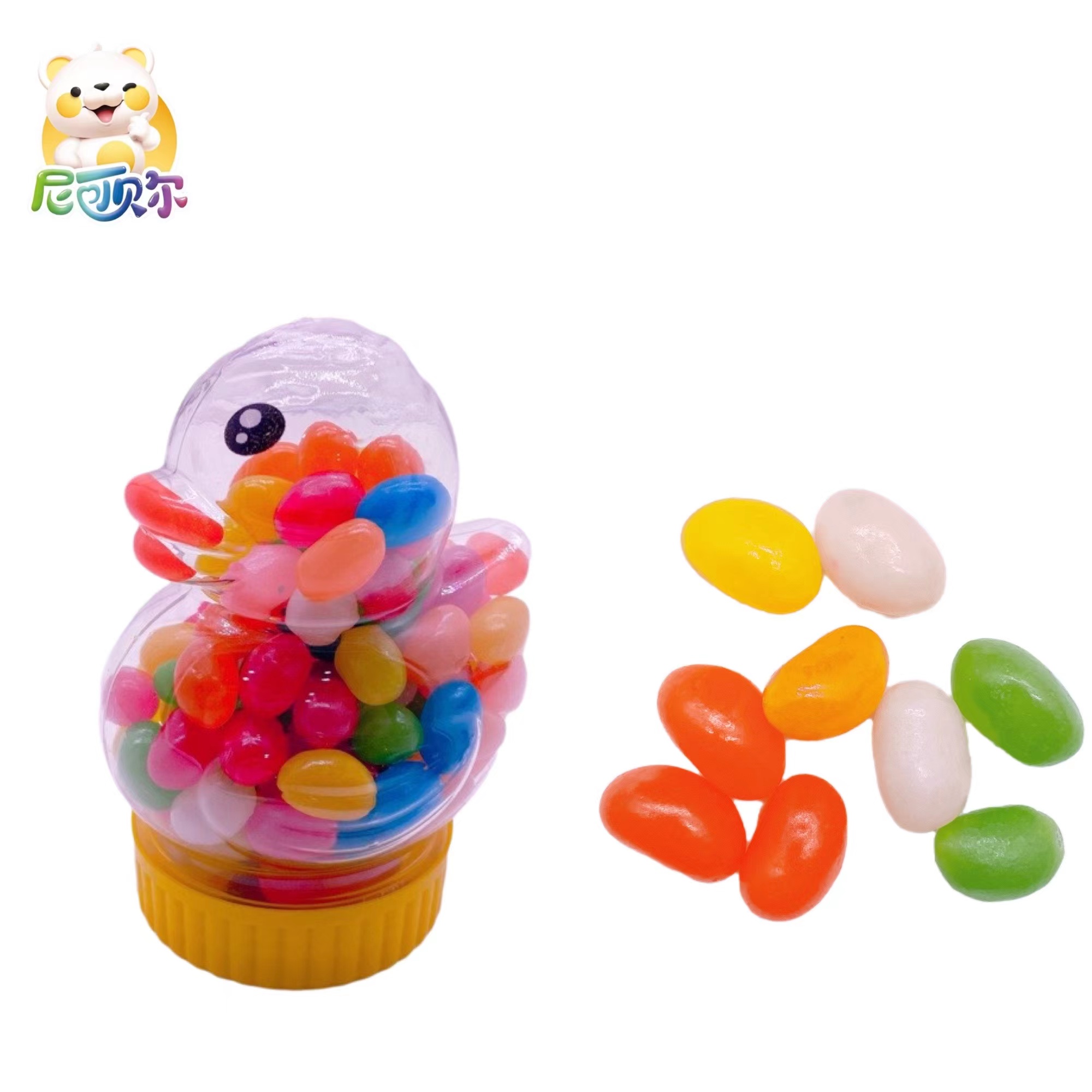 Customized wholesale halal candy Cartoon duck shaped canned fruit flavored jelly bean toy jelly candy-G212