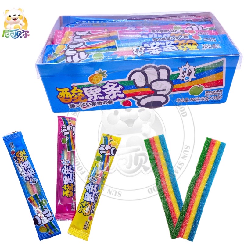 Halal Gummy Candy Sugar Coated Rainbow Sour Belts Soft Candy Sour Strips With Powder Filling-G277