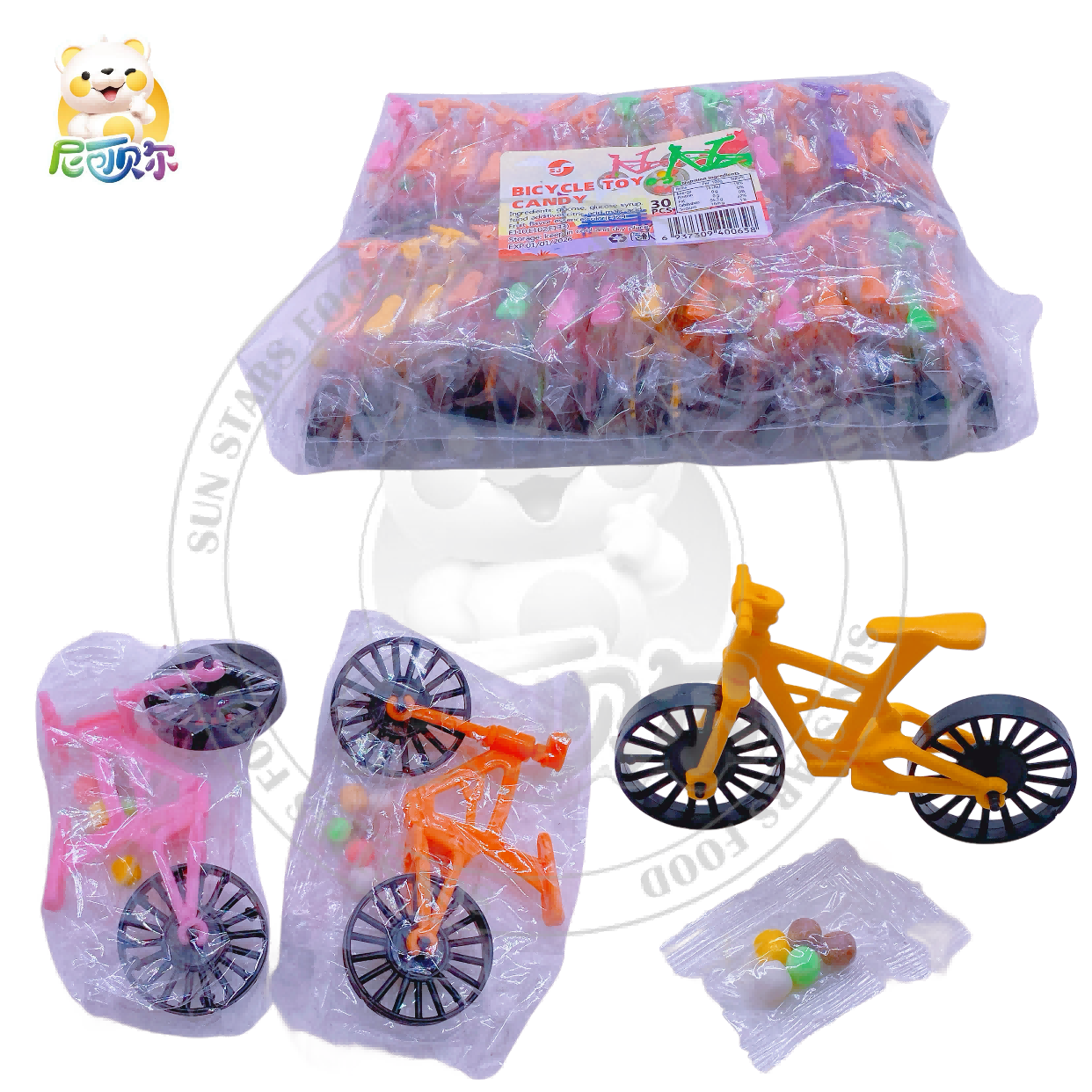 Wholesale Funny Cartoon PVC Bicycle Toy Colorful Candy Packaged Boxes with Halal Sugar Flavored by Sweet Fruit-T606