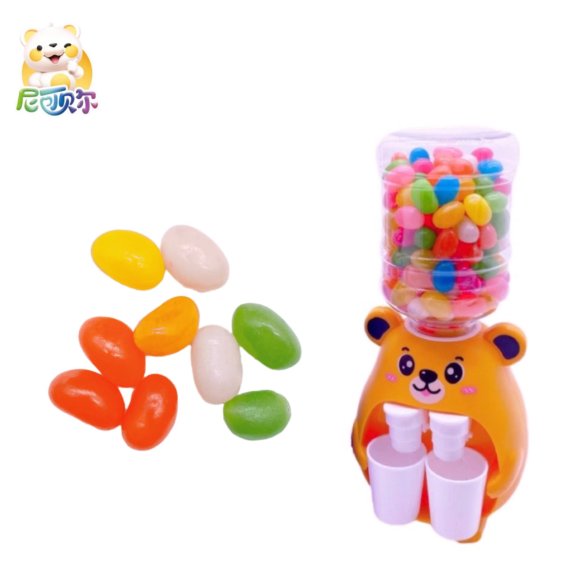 Custom Wholesale Halal Candy Jar Packaging Cute Bear Mini Electric Water Dispenser Fruit Flavor Geely Bean Toy Jelly Candy-G204