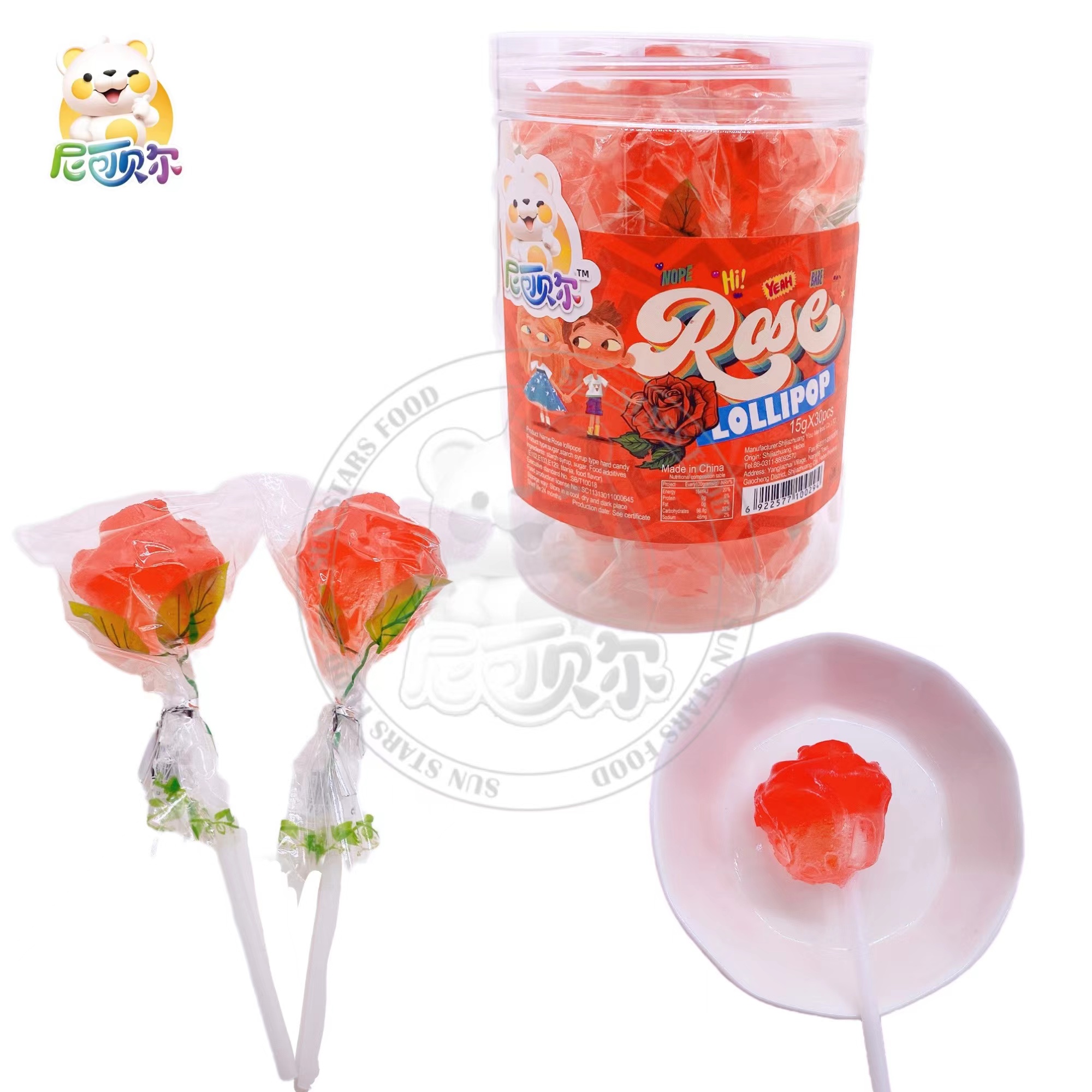 Wholesale custom Valentine's Day bottled rose flower shaped fruity lollipops-L284