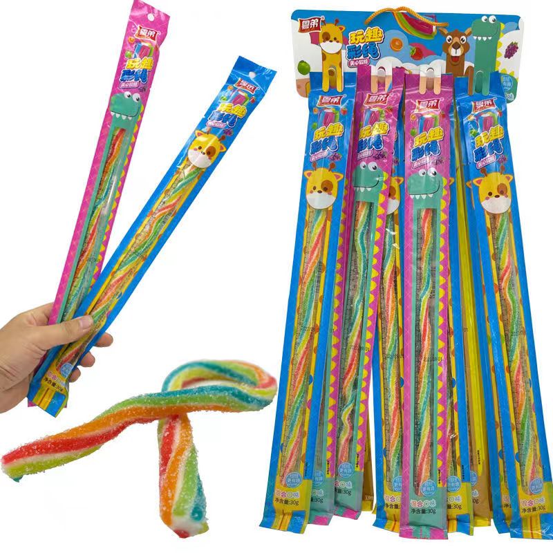 Wholesale Halal Stick Gummy Candy Rainbow Sugar Coated Sour Strip With Filling Gummy Sour Candy-G282