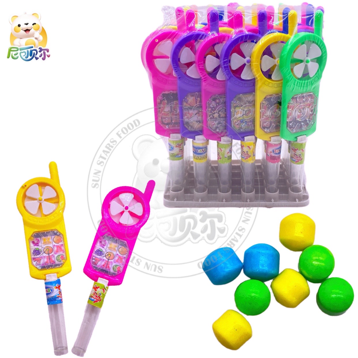 High quality mobile phone fan shaped toy candy colored sweet halal fruit flavored extruded candy-T473