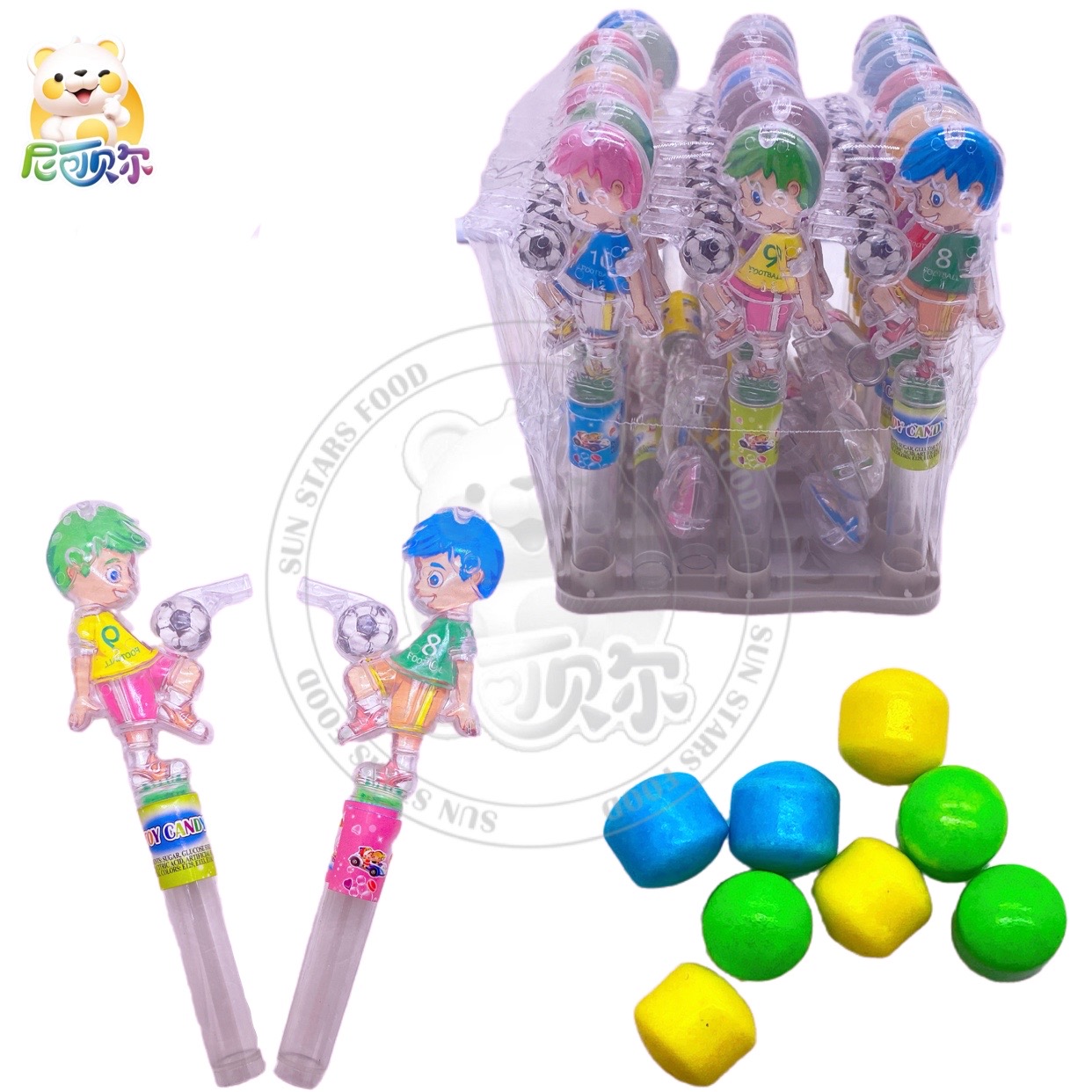 High quality football whistle toy candy colorful sweet halal fruit flavor squeeze candy-T455