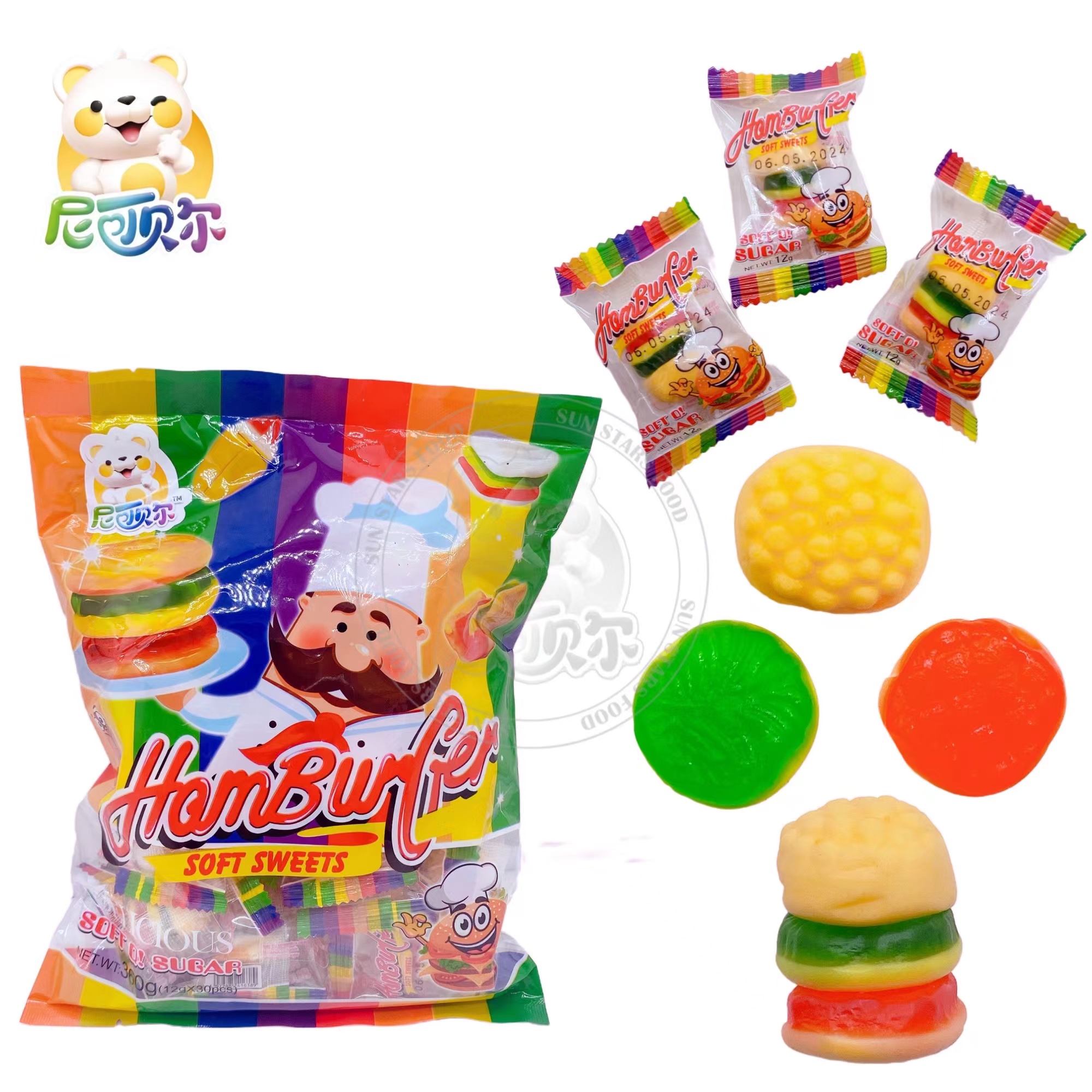 Pouched hamburger shaped fruity chewy gummy Cadny-G197
