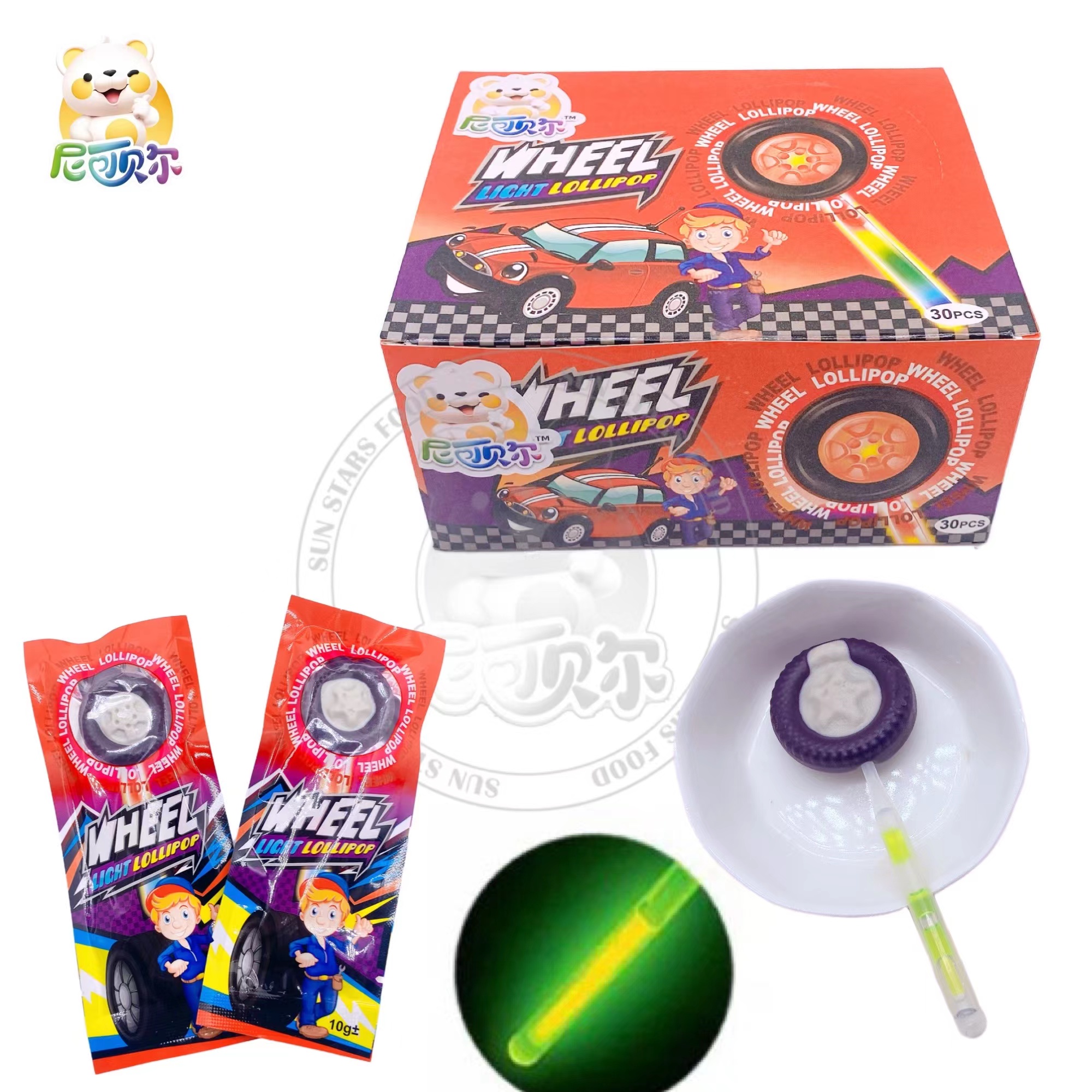 China Wholesale Funny Round Car Tire Shape Fruity Glowing Lollipops-L288