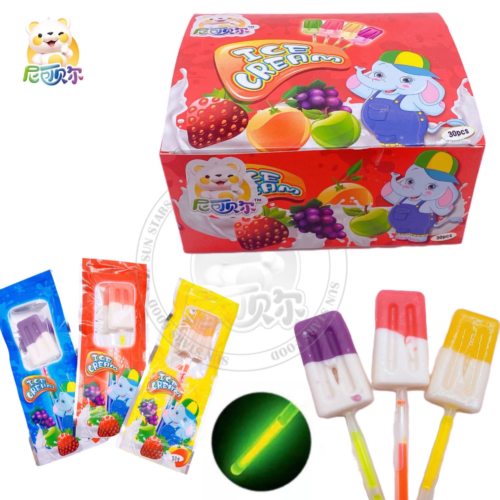 China Wholesale Funny Ice Cream Shape Fruity Glowing Lollipops-L282