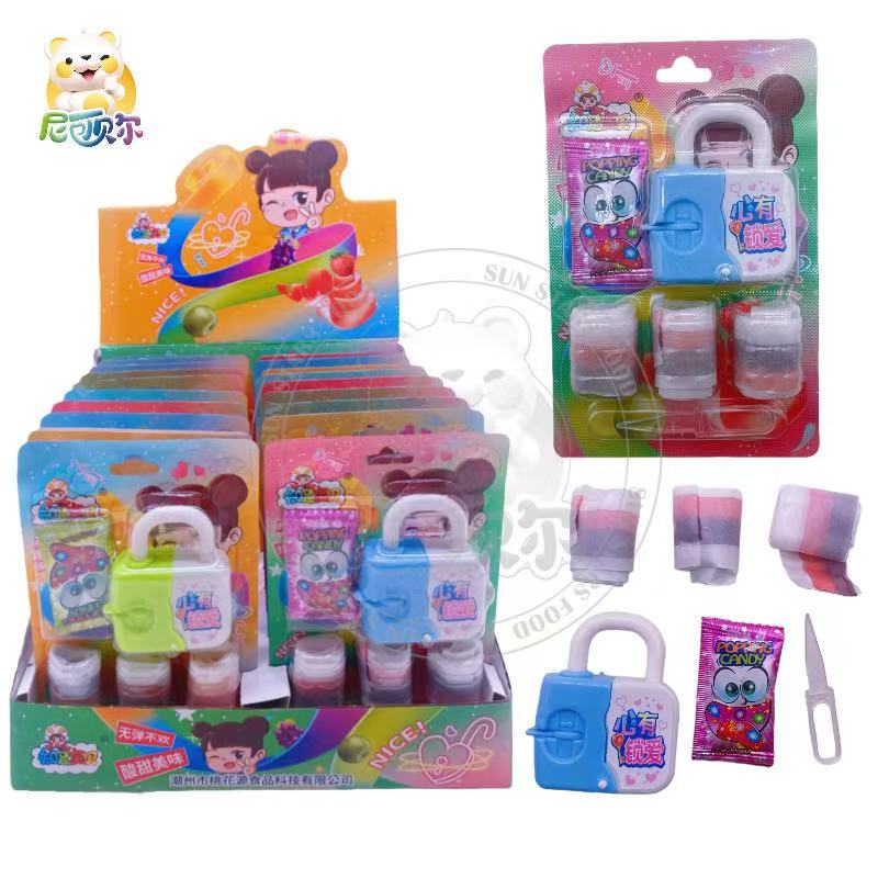 Rolled Gummy Candy Fruit Flavors in Colorful Wrapped Sweets with Mini Lock Toy