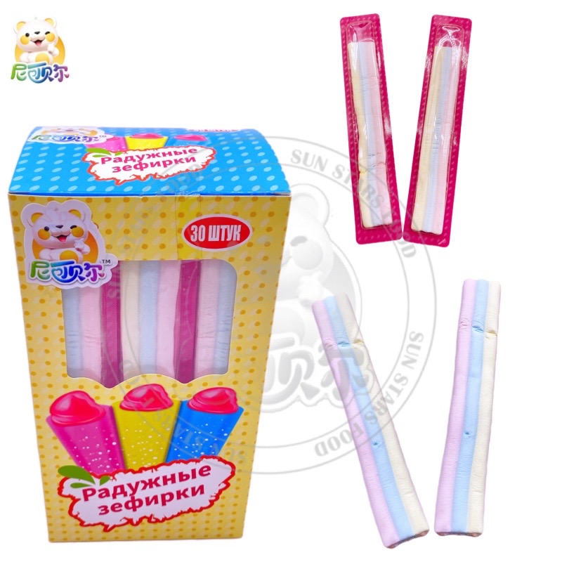 Marshmallow Halal Sweets Long Marshmallow Sponge With Sauce Fruit Flavor Colorful Candy Box Packaging Bulk Confectionery Candy-M101