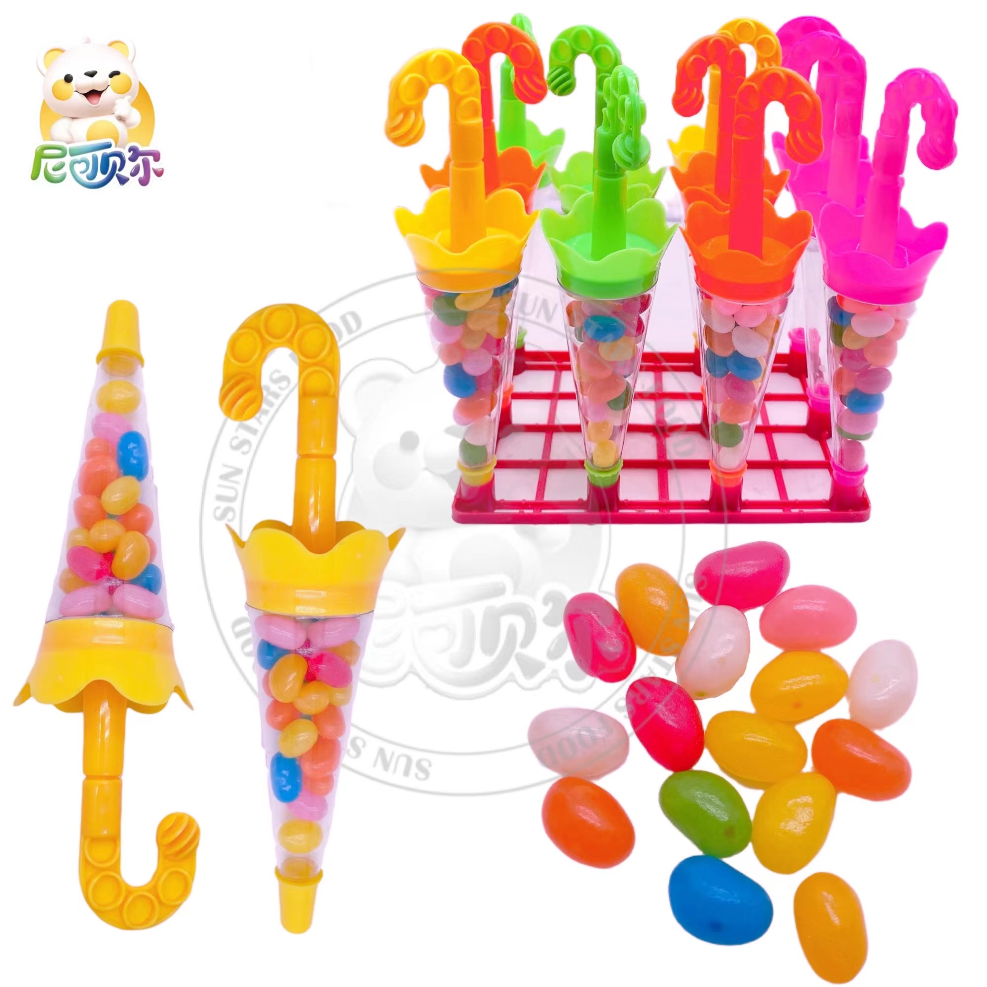 Customized wholesale halal candy cartoon umbrella shape canned fruit flavor jelly bean toy jelly candy-G215