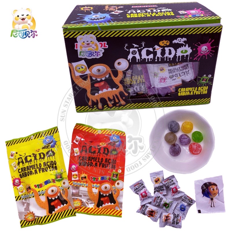 7pcs Mixed Fruit Flavor Sweet Sour Caramelo Acido A Frutas Hard Candy In Bag Toys with tattoo stickers-H378