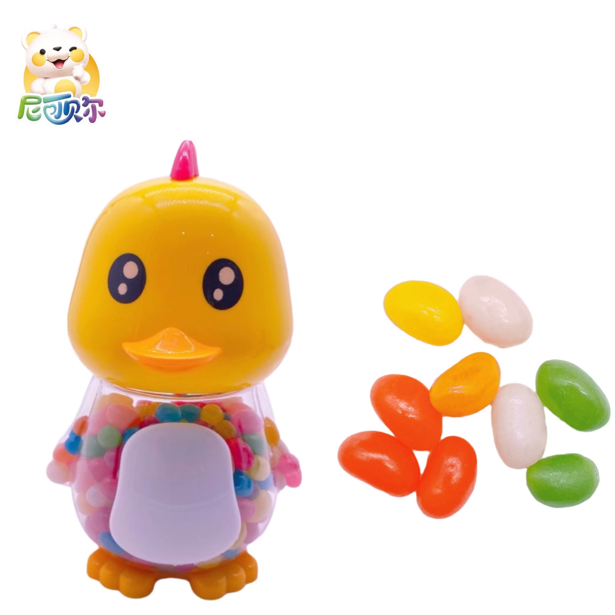 Customized wholesale halal candy cartoon yellow duck shape canned fruit flavored jelly bean toy jelly candy-G213