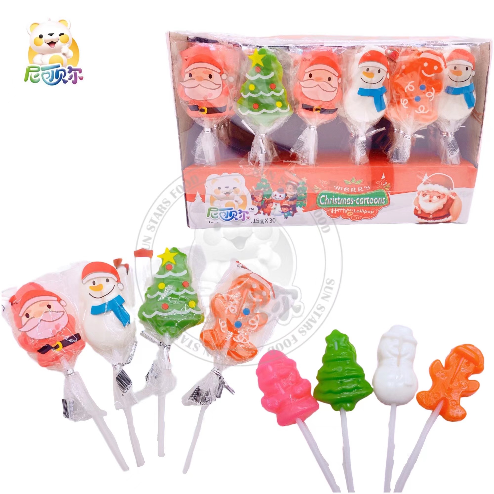 Wholesale Custom Santa Claus Christmas Tree Snowman Yeti Shape Fruity Lollipops-L286
