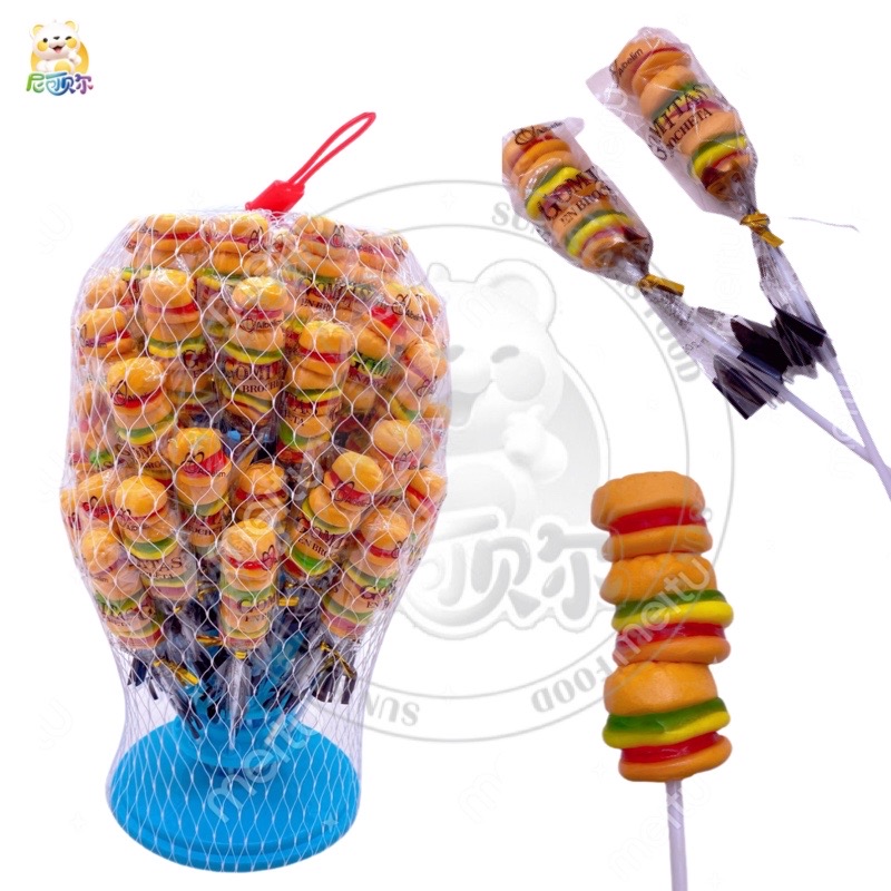 Halal Fruity Long Burger Lollipop Stick-Shaped Hamburger Gummy Candy Packaged in a Bag Tree Design-G364