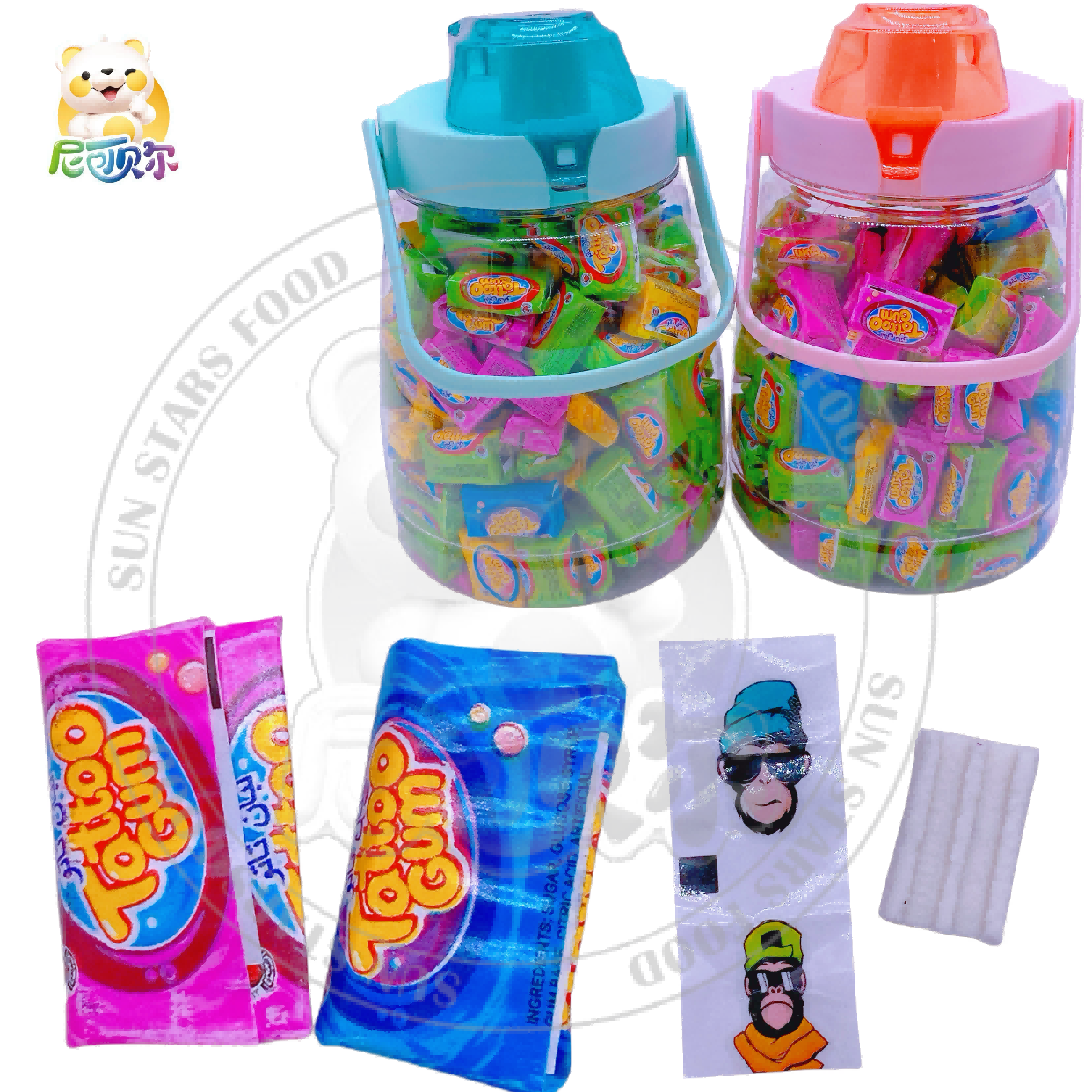 Supermarket Daily Life Fruit Flavored Candy Jug Hot Bubble Gum with Tattoo Stickers Box Packaging-G425