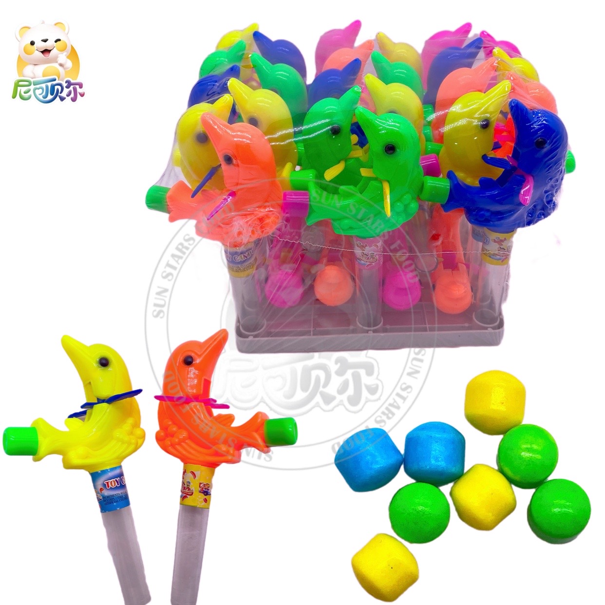 Wholesale custom mini dolphin whistle toy with colorful pressed candies-T454