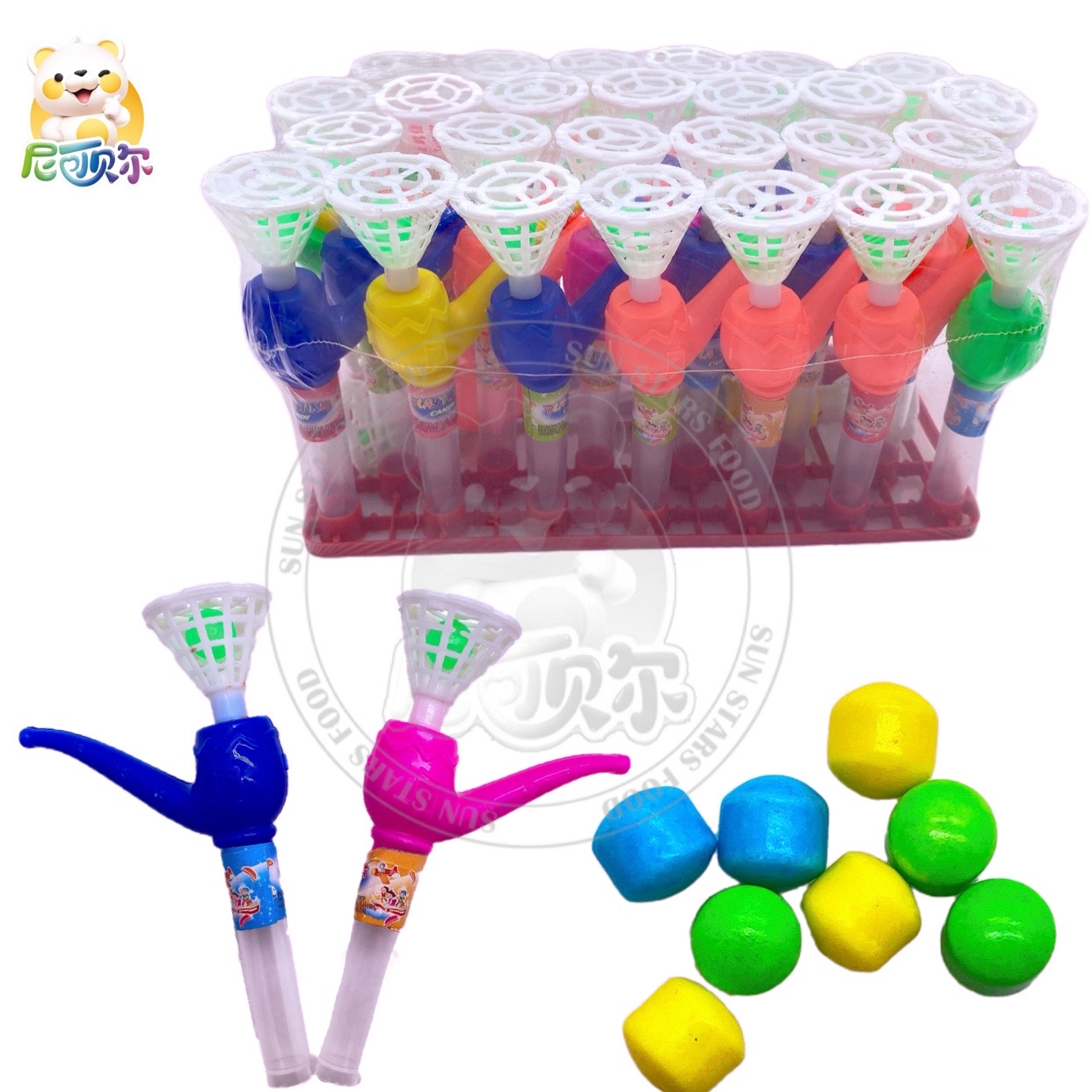 Amusing Mini Size Colorful Tobacco Pipe Shaped Blow The Ball Toys With Sweet Press Candy Toy Candy-T479