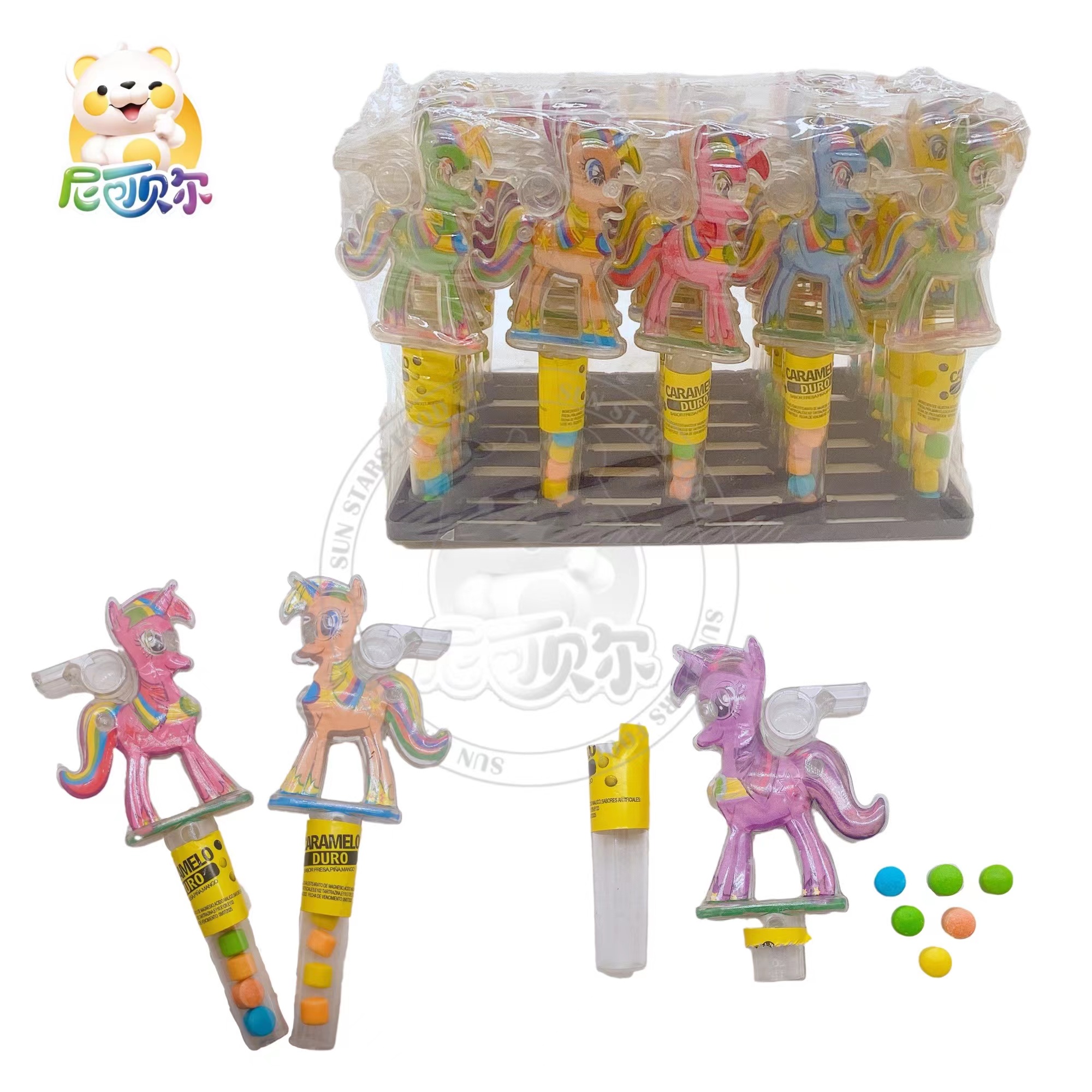 China wholesale cartoon unicorn whistle toy fruity pressed candy-T426